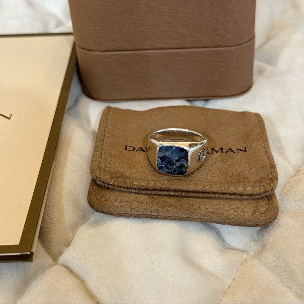 David Yurman Streamline Inlay Signet Cushion Ring  Sterling Silver w/ Pietersite